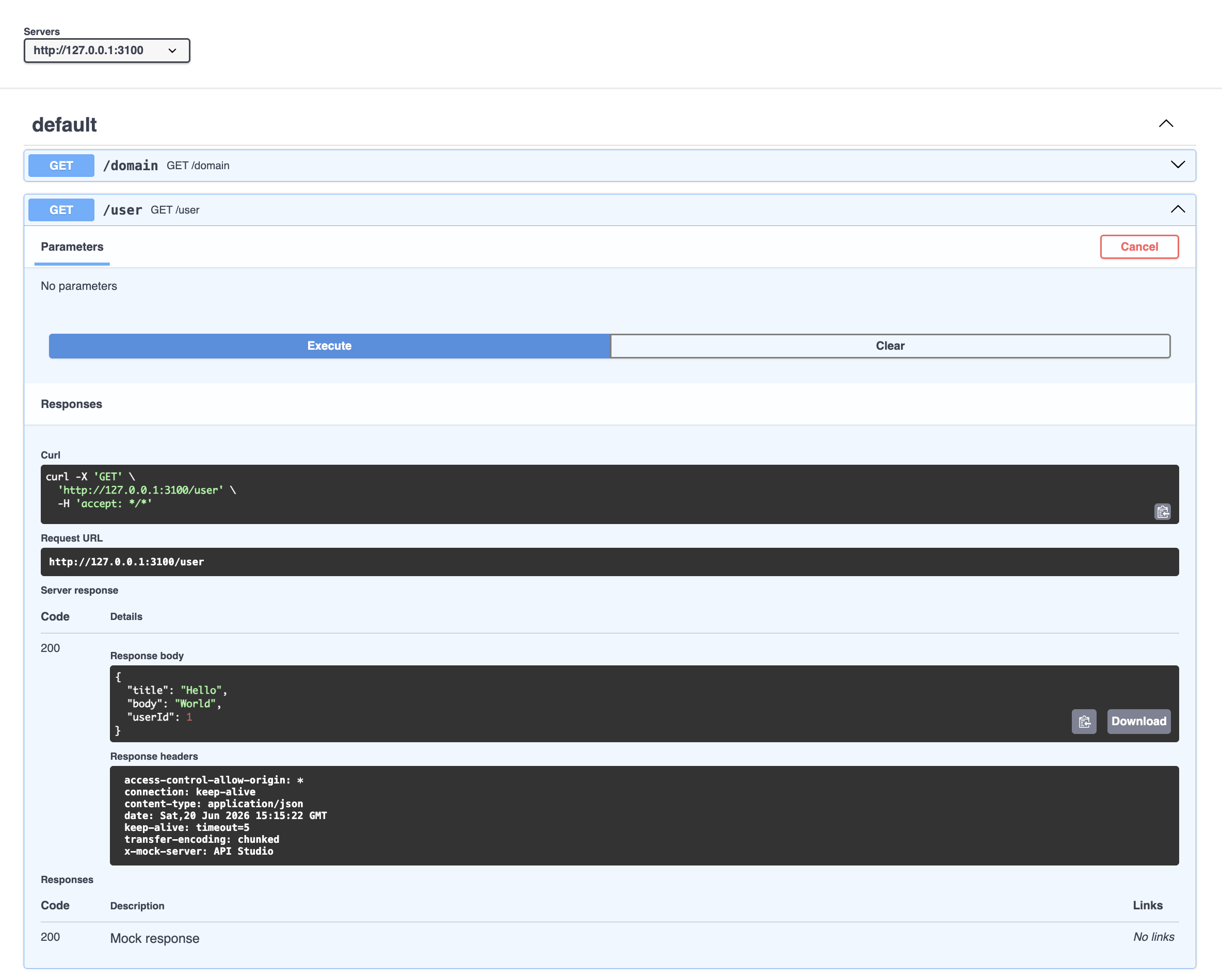 Swagger UI served from the mock server in the browser